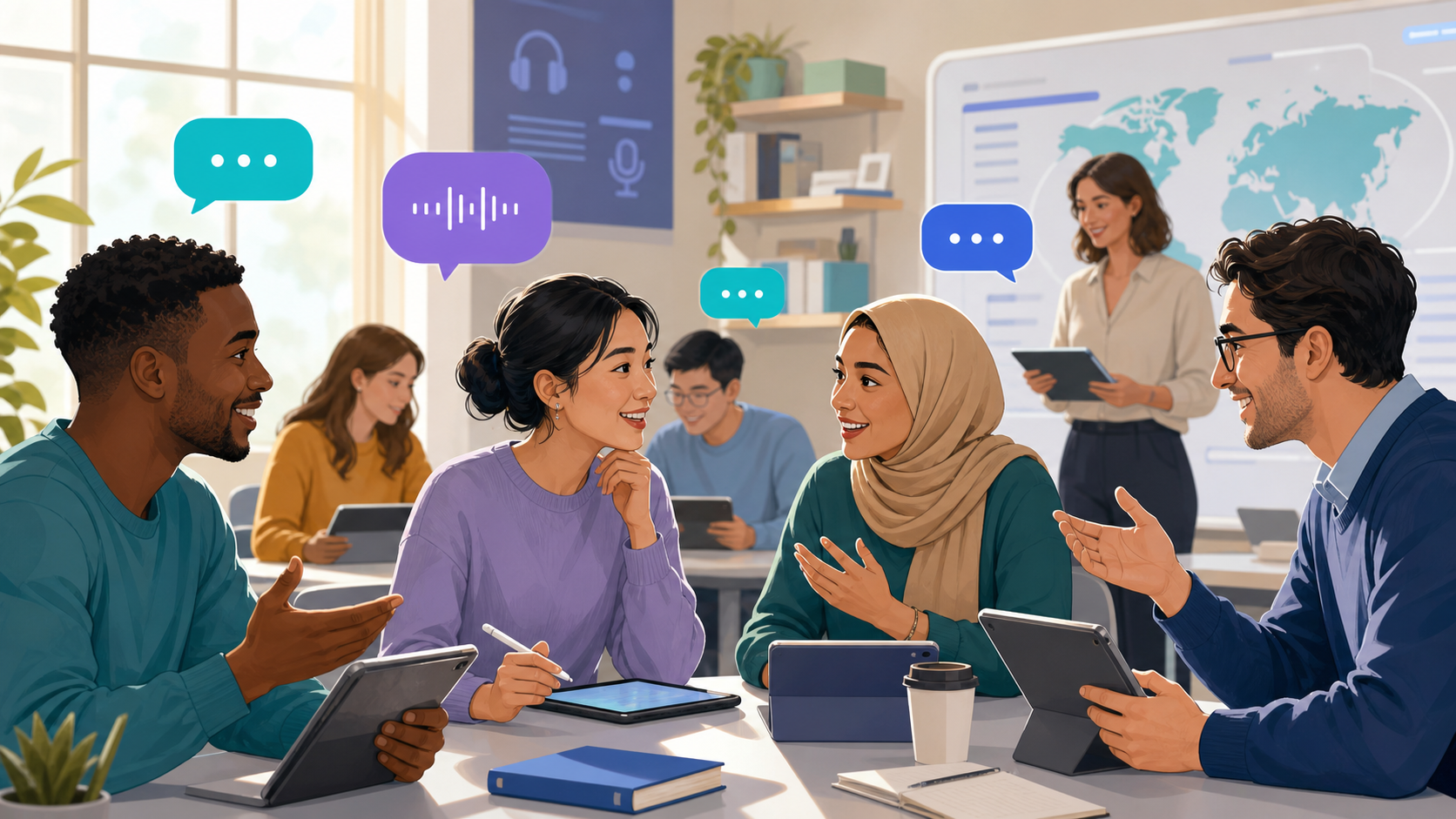 Students practicing English conversation